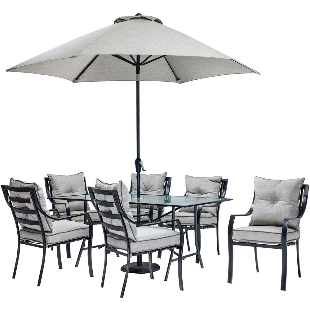 Lavallette 7pc Dining Set: Glass Table, 6 Cushion Chairs, Umbrella/Base